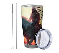 Wolf tumbler Pack Of 1 Sunset Cloud Tree Wolf Riding Indian Feather Bird Tribe Style orange gray Metal Reusable No Spill Shatterproof Yard Outdoor Picnic gym with straw Cold Drinks 20 Ounce