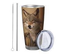 Wolf tumbler Pack Of 1 Vintage Funny Animals Wear Clothes Poster Artistic Novelty brown Metal Stainless Reusable No Spill Shatterproof Yard Outdoor Picnic gym with straw Cold Drinks 20 Ounce