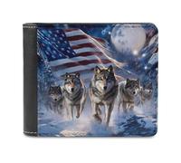 Wolf U.S. Flag Moon Slim Men's Wallets Soft Front Pocket Bifold Wallet with ID Credit Card Holder