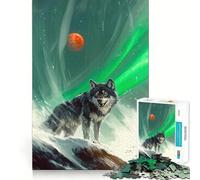 Wolf Under Aurora Borealis And Red Moon Jigsaw for Adults 1000 Pieces Think Skill Game High Precision Die Cut Entertaining Challenge for Spare Time (50x75cm)