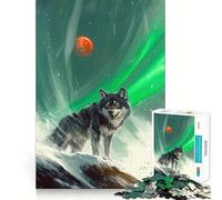 Wolf Under Aurora Borealis And Red Moon Puzzles for Adults 1000 Pieces Mental Boost Play Neat Cut Perfect Alignment Bonding Activity for Loved Ones (38x52cm)