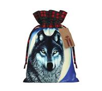 wolf under moon Christmas Drawstring Gift Bags, S Rustic Linen Tartan Pouches with Tags for Wedding Party Favours