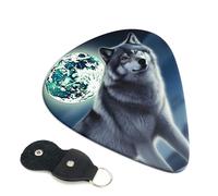 Wolf Under Moon Guitar Picks 6 Pack with Leather Guitar Pick Holder Keychain, Plectrum Key Fob Cases Bag, Abstract Art Plectrum for Acoustic Electric Guitar, Ukulele 0.71mm