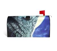 Wolf Under Moon It is a Waterproof Fabric Mailbox Cover with a Print on one Side and a Curved Opening on one Side.