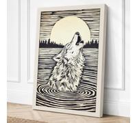 Wolf Under Moon Japandi Canvas Wall Art Print 36x24 Inch