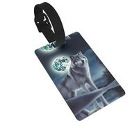 Wolf Under Moon Luggage Tags for Suitcases, PVC Suitcase Tag with Secure Strap Suitcase Identifier with Privacy Name Card for Travel Bag Tags Personalized Baggage Tag for Women Men