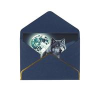Wolf Under Moon Luxury Pearl Paper Greeting Card With Gold Border, Blank Inside, With Envelope - Birthday, Wedding, Christmas, Valentine