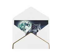 Wolf Under Moon Luxury Pearl Paper Greeting Card With Gold Border, Blank Inside, With Envelope - Birthday, Wedding, Christmas, Valentine