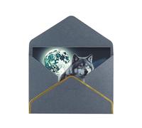Wolf Under Moon Luxury Pearl Paper Greeting Card With Gold Border, Blank Inside, With Envelope - Birthday, Wedding, Christmas, Valentine