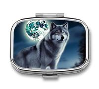 Wolf Under Moon Pill Box Small Metal Pill Case for Purse & Pocket 2 Compartment Pill Organizer with Mirror Travel Pillbox Medicine Case Portable Pill Container Unique Gift