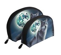 Wolf Under Moon Portable Shell Cosmetic Bag Set - Travel Makeup Organiser with Zipper & Inner Compartments