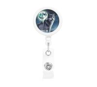 Wolf Under Moon Retractable Badge Reel Heavy Duty Badge Holder with Belt Clip Retractable Lanyards ID Card Holder with Keychain Name Badge Clips for Office Nurse Employee