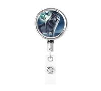 Wolf Under Moon Retractable Id Badge Holder Badge Reels with Clip Cute Name Card Holder for Office Worker Doctor Nurse Teacher