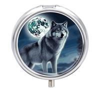 Wolf Under Moon Small Pill Case Round Weekly Pills Organizer with Mirror 3 Compartments Portable Travel Daily Pills Container Cute Pill Box for Fish Oil Supplement