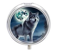 Wolf Under Moon Travel Pill Box Case 3 Compartment Cute Pill Organizer Metal Pill Holder with Mirror Small Medicine Organizer Daily Pill Container for Purse Pocket Portable Meds Box