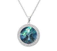 Wolf Under The Moon Aurora Women's Necklaces Round Long Alloy Pendant Necklace Minimalist Tiny Jewelry Gift Silver-style