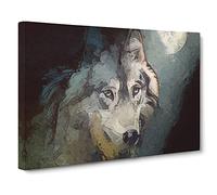 Wolf Under The Moon In Abstract Modern Art Canvas Wall Art Print Ready to Hang, Framed Picture for Living Room Bedroom Home Office Décor, 24x16 Inch (60x40 cm)