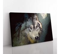 Wolf Under The Moon In Abstract Modern Art Canvas Wall Art Print Ready to Hang, Framed Picture for Living Room Bedroom Home Office Décor, 50x35 cm (20x14 Inch)