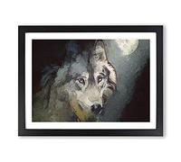 Wolf Under The Moon In Abstract Modern Art Framed Wall Art Print, Ready to Hang Picture for Living Room Bedroom Home Office Décor, Black A3 (46 x 34 cm)