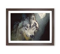 Wolf Under The Moon In Abstract Modern Art Framed Wall Art Print, Ready to Hang Picture for Living Room Bedroom Home Office Décor, Walnut A4 (34 x 25 cm)