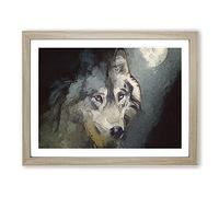 Wolf Under The Moon In Abstract Modern Art Framed Wall Art Print, Ready to Hang Picture for Living Room Bedroom Home Office Décor, Oak A4 (34 x 25 cm)