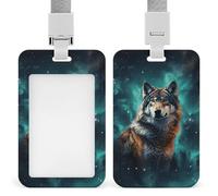 Wolf Under The Starry Sky Badge Holder with Lanyards Retractable Vertical Plastic Id Badge Holder Name Key Card Holders Case for Teacher Nurse Doctor Office Gift for Coworkers