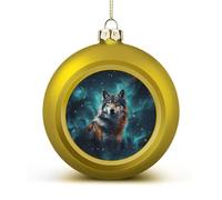 Wolf Under The Starry Sky Christmas Ball Ornament - 2.4 Inch Shatterproof Plastic Xmas Tree Decorations, Golden Christmas Tree Decor Hanging Ball for Holiday Wedding Party Decor
