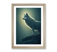 Wolf Upon The Rock Framed Wall Art Print A2 Oak