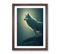 Wolf Upon The Rock Framed Wall Art Print A2 Walnut