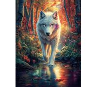 Wolf Walking in A Stream 500 Pc DIY Jigsaw Puzzle Science Fiction Magical Dream Puzzles for Adults Teens Hard Challenging Team Building Stress Reducing Autumn High-grade Rigid Cardboard 500 PCS