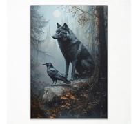 Wolf Wall Art, Raven Poster, Dark Forest Landscape Canvas Wall Art, The Crow Black Bird Picture, Symbiotic Wildlife Animal and Woods Painting, Gothic Moody Nature Lover Gift 12x16in Unframed