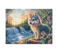 Wolf Waterfall Forest 500 Piece Jigsaw Puzzle for All Ages Birthday Party Activity Group Fun High Resolution Print Home Decor Entertainment 500 PCS