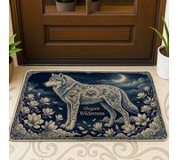 Wolf Welcome Door Mat, Elegant Artistic Water Lily Moon Navy Non-Slip Dirt Trapper Back Doormat Outdoor Decor for Front Door Entryway Patio 29x17 Inch