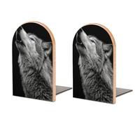 Wolf with Blue Eyes Howling Wooden Bookends Shelves 2 PCS Sturdy Book Holders Desktop Organizer for Home Office Libraries