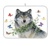 Wolf with Butterflies and Leaves Dish Drying Mat Absorbent Dishwasher Mat Drying Heat Resistant Countertop Dish Drying Mat Kitchen Countertop Medium 40cm x 45cm