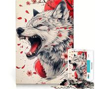 Wolf with Cherry Blossoms And Red Moon Adults 1000 Piece Jigsaw Puzzle Focus Memory Game Zero Gap Compact Fun for Family Game Time (38x26cm)