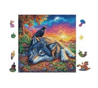 Wolf with Crow in Mountain Forest 100-piece Jigsaw Puzzle Set For Adults Teens 14+ Logic Skill Indoor Game Family Game Night Summer Durable Material 28x28cm