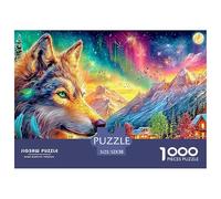 Wolf with Feathers, Aurora Sky, Snowy Village, Colorful Nature 1000Pc Jigsaw Puzzle Enchanted Spirit Wolf - Perfect for Family Puzzle Nights, Adults & Kids 52x38cm/1000pcs