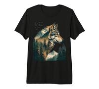 Wolf with Forest and Mountain Double Exposure Premium T-Shirt