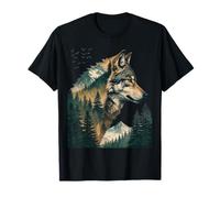 Wolf with Forest and Mountain Double Exposure T-Shirt
