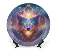 Wolf with Glowing Eyes in Illumina Bone China Decorative Plate with Display Stand Ceramic Dinner Plates Wall Decor for Home Kitchen 7inch