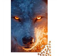 Wolf with glowing eyes in snow and fire Jigsaw Puzzle, 1000 Piece