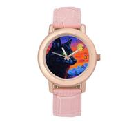 Wolf with Glowing Neon Eyes Women's Wrist Watches Pink Leather Strap Round Case Three-Hand Casual Ladies Watches