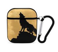 Wolf with Gold Moon Wireless Bluetooth Earbud Case Compatible with Airpods 1/2 Earphone Cover Pouch with Stainless Steel Carabiner