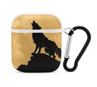 Wolf with Gold Moon Wireless Bluetooth Earbud Case Compatible with Airpods 1/2 Earphone Cover Pouch with Stainless Steel Carabiner