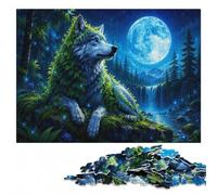 Wolf with Leaves Under The Moon Wooden Adult Jigsaw Puzzle 1000 Pieces | Border-first building - a practical indoor pastime in spare time.