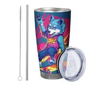 Wolf with lid and straw tumbler Cartoon Funny Cool Hippie Skateboard Animals Pattern Graphic blue pink orange Stainless Metal Hot And Cold No Spill Office Outdoor Club Coffee drinking cup 20 Ounce