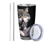 Wolf with lid tumbler Set Of 1 Lamplight Play The Guitar Funny Music Cool Hip Hop Animals gray brown Stainless Metal Hot And Cold No Spill Office Outdoor Club Dorm Coffee drinking cup 20 Ounce