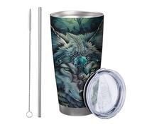 Wolf with lid tumbler Set Of 1 Tribe Style Cool Designs Feather Leaves Wolf Head Artistic blue green Stainless Metal Hot And Cold No Spill Office Outdoor Club Dorm Coffee drinking cup 20 Ounce