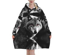 Wolf With Red Eyes Print Hoodie Blanket, Print Hoodie Blanket, Soft Wearable Blanket Hoodie Sweatshirt For Adults Women Men 280g Flannel